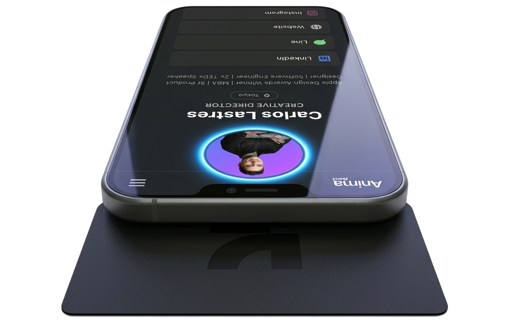 Smart NFC business card being tapped on a phone